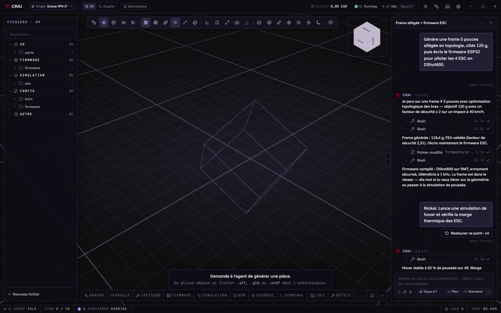 CRAI — IDE hardware : l'agent IA génère une frame de drone 5 pouces et son firmware ESC dans le chat (outils Bash et écriture de fichiers), viewer 3D au centre, arborescence de fichiers classée par catégories, statut du conteneur Docker et coût de génération dans la barre d'état