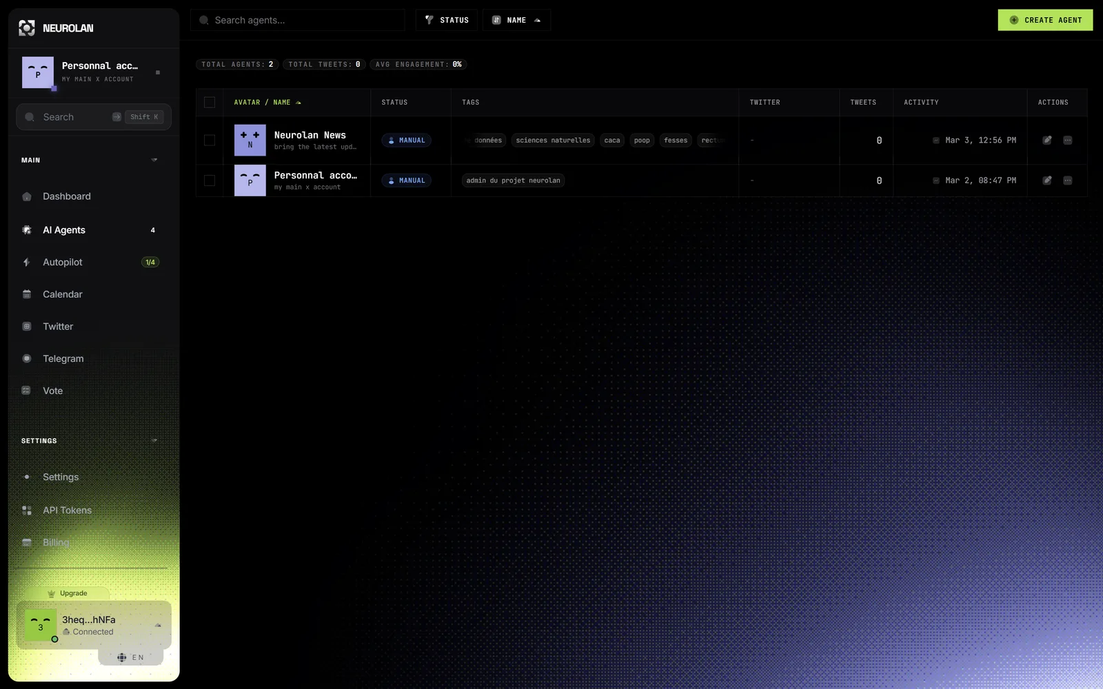 NeurOlan — interface de gestion des agents IA autonomes : liste d'agents connectés à un compte X/Twitter, statuts d'activité et modèles assignés