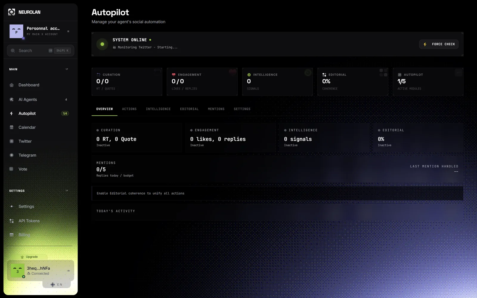 NeurOlan — module Autopilot : orchestration temps réel avec statut system online, métriques Curation/Engagement/Intelligence/Editorial et onglets Overview, Actions, Intelligence, Editorial, Mentions, Settings